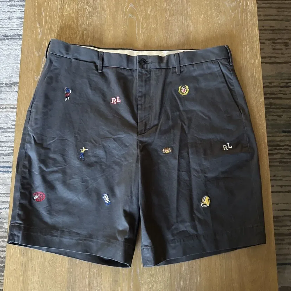 Polo Ralph Lauren Men Shorts Sz 38 Gray Flat Front Embroidered Sports Icons Cool